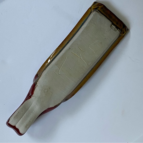 Pottery Spoon Rest Hand Made Glazed Beige red Signed 9” long Kitchen Cooking - Picture 9 of 16
